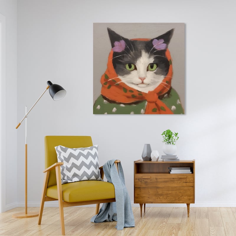 Wynwood Studio Canvas Animals Gatita s Headscarf Orange and Army Green Bohemian & Eclectic Wall Art Canvas Print - 30 x 30