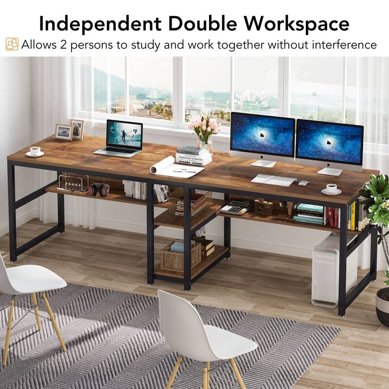 78.7" Two Person Desk with Bookshelf, Office Double Desk for Two Person