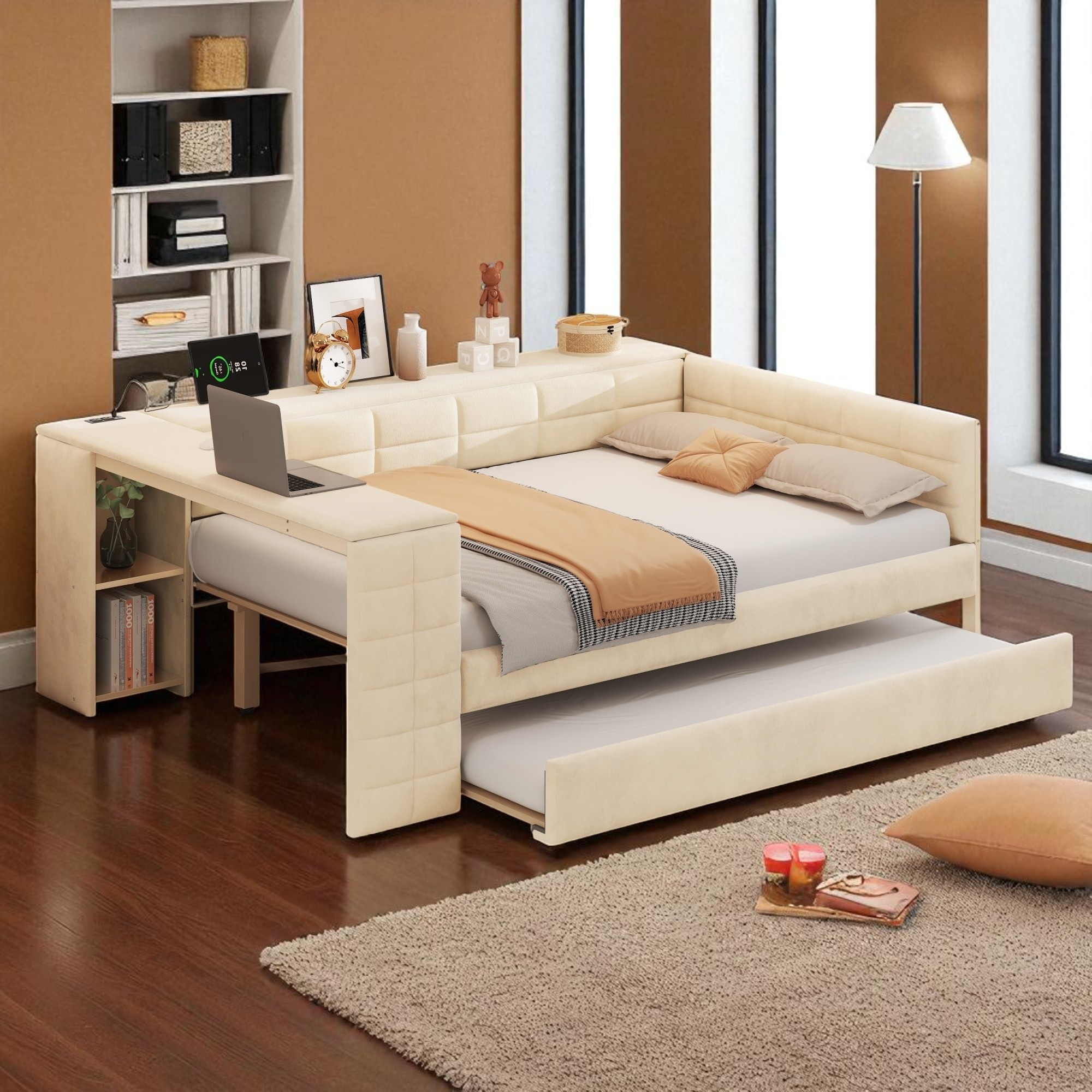 Full Size Upholstered Platform Bed with Storage Shelves, Trundle, Desk, USB Ports, No Box Spring Needed, Halloween gift