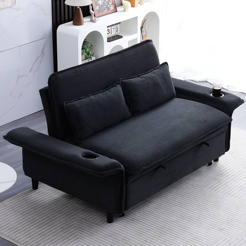 65.7" Corduroy Upholstered Pull-out Sofa With Cup Holder