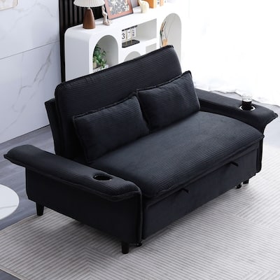 65.7" Corduroy Upholstered Pull-out Sofa With Cup Holder