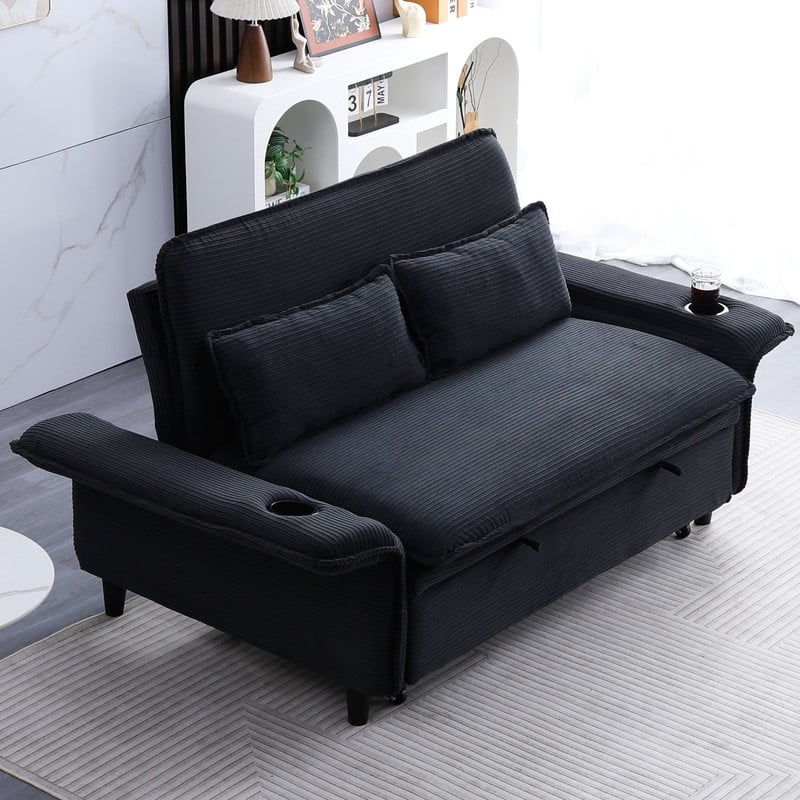 65.7" Corduroy Upholstered Pull-out Sofa With Cup Holder