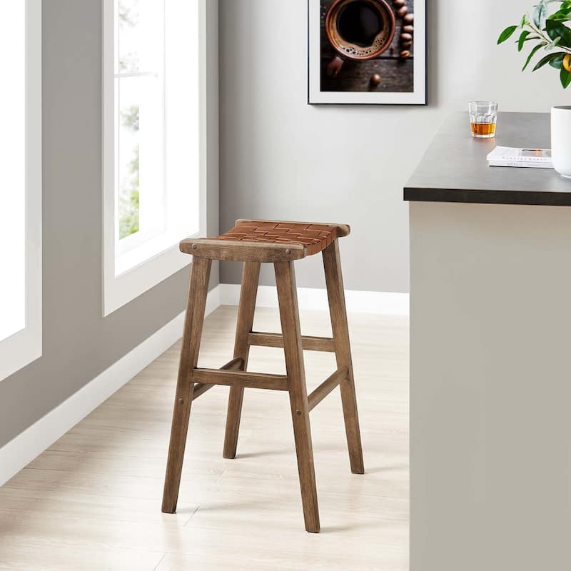 Saoirse Faux Leather Wood Bar Stool - Set of 2 - Walnut - Brown