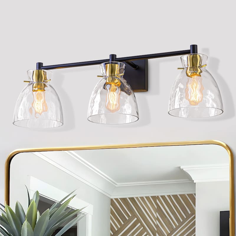 Starsky Mid-Century 3-Light Bathroom Vanity Light with Hammered Glass - Black&Gold