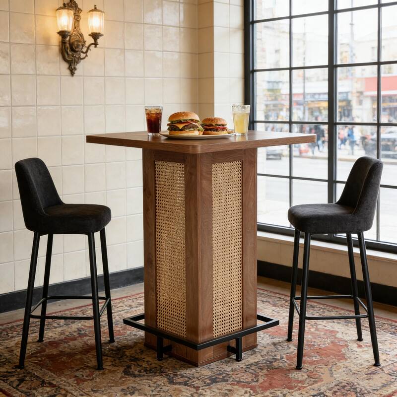 31.5" Square Rattan Bar Height Table With Industrial Metal Footrest - Brown