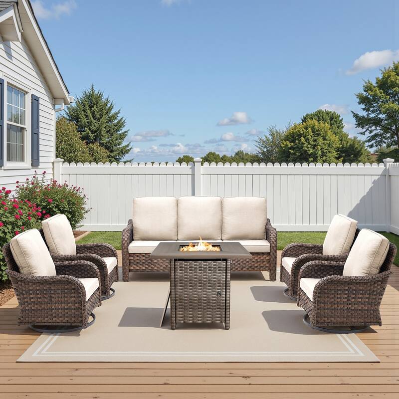 Pocassy Patio Funiture Sofa Swivel Chair Ottoman with Fire Table Set - Beige Cushion - Brown Wicker - 6-Piece Sofa Swivel Chair with Fire Pit Table