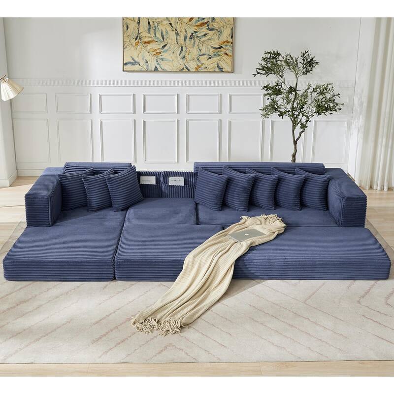 Floor Sleeper Sofa Bed Convertible L-shaped Modular Sectional Couch with Chaise, Corduroy Compression Sofa with Side Pockets