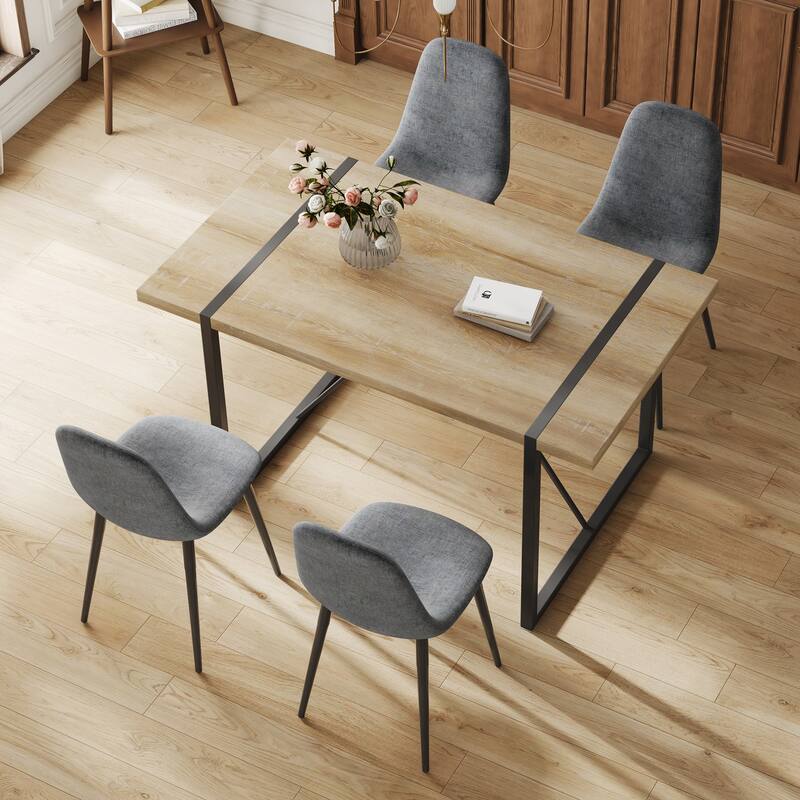 5-Piece Industrial Dining Table & Chairs Set with Linen Accent Chairs
