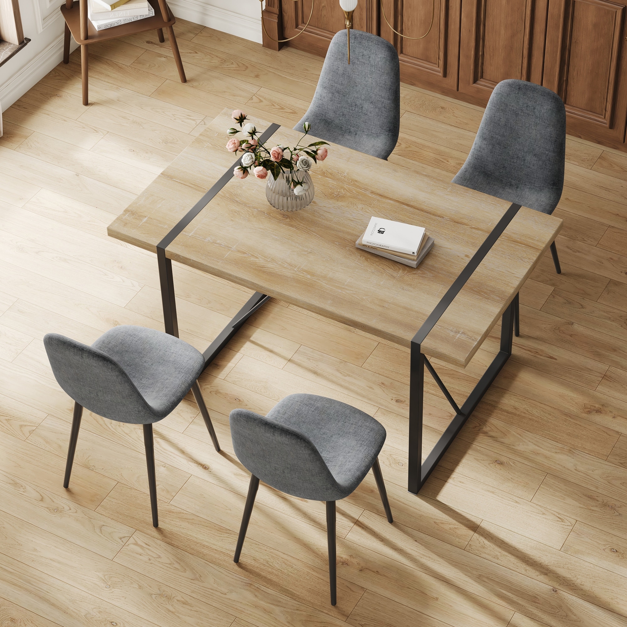 Dining Set: Modern Medieval Upholstered Side Chairs (4) & Rustic Industrial Rectangular MDF Table