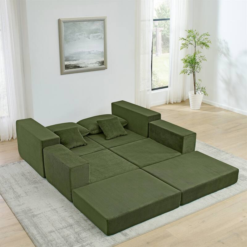 Folding Deep Seat Couch Modular L-shaped Sectional Sofa Corduroy Upholstered Sleeper Sofa Bed with Throw Pillows