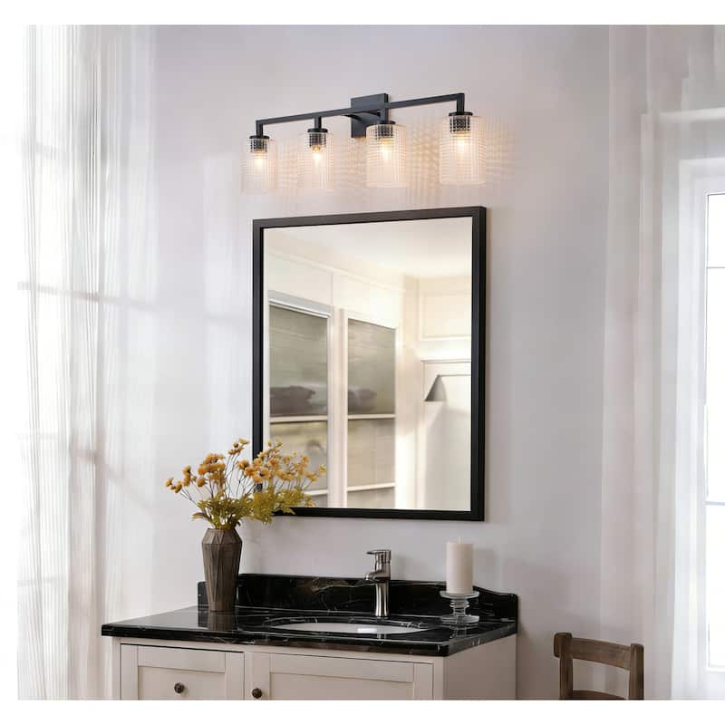 3/4-Light Modern Black Wall Sconce Bathroom Vanity Light with Grid Glass Shades