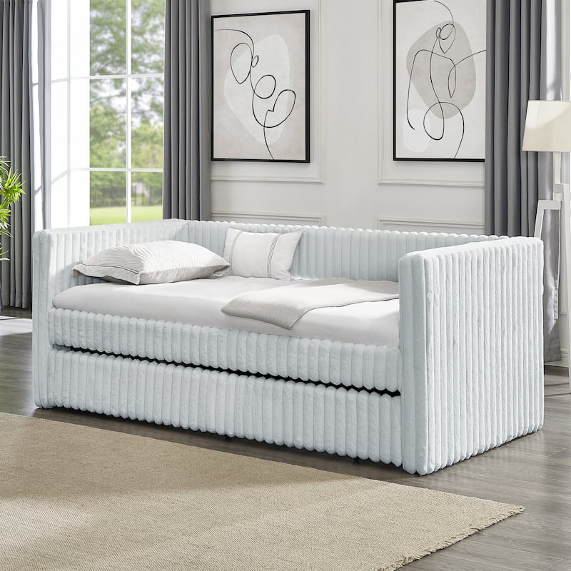 Twin Size Convertible Daybed with Plaid Corduroy Upholstered Sofa Bed Pull-Out Trundle (Space-Saving Design)