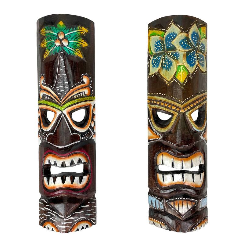 Carved Wood 20 Inch Tiki Wall Masks Palm/ Plumeria Flower (Set Of 2)