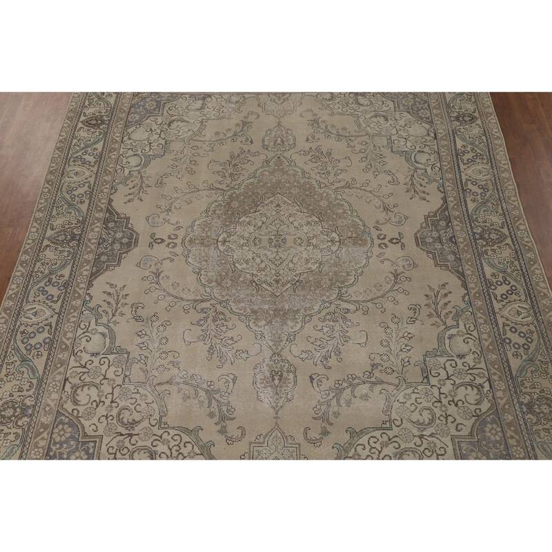 Distressed Tabriz Vintage Persian Rug Hand-Knotted Beige Wool Carpet - 9'6" x 12'8"
