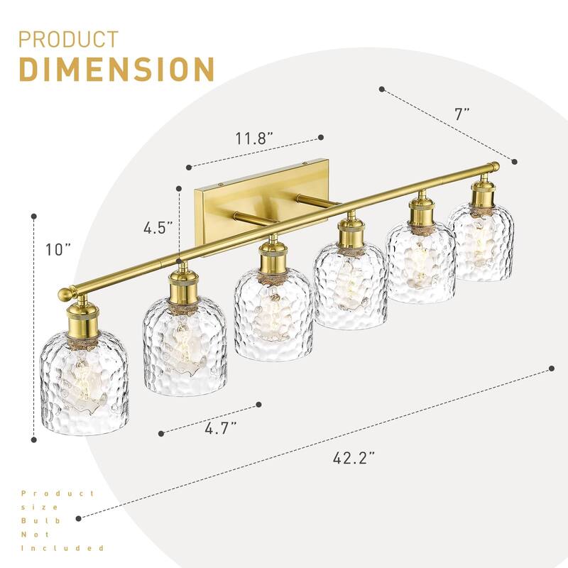 Bathroom Lighting with Clear Hammered Glass, Brushed Gold Finish