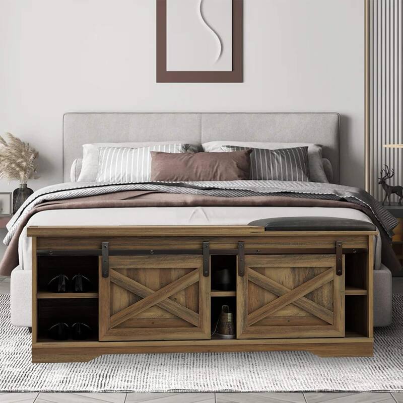 WESOME 47 inch Shoes Bench with Sliding Barn Door Storage Cabinet and Adjustable Shelves - 47.24"Lx15.35"Dx18.7"H - Light Brown