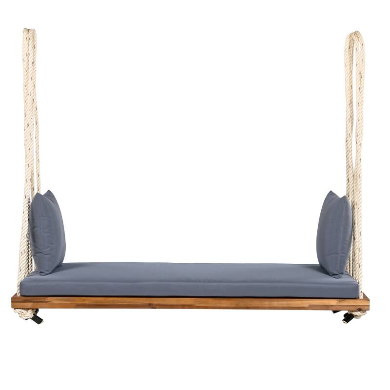 Acacia Wood Swing Chair, Hanging Porch Bench with Cushion & Pillows, 400lb Capacity & 10.8ft Ropes - Natural Swing Chiar+Gray Cushion