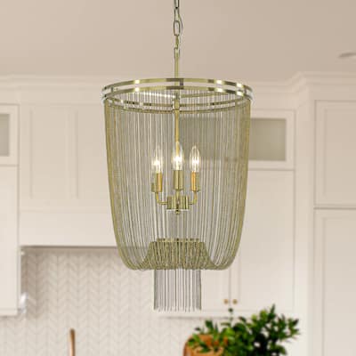Glam Contemporary 3-Light 16 Inch Chainmail Tassel Chandelier Dimmable Hanging Light For Living Room Dining Room - W16''