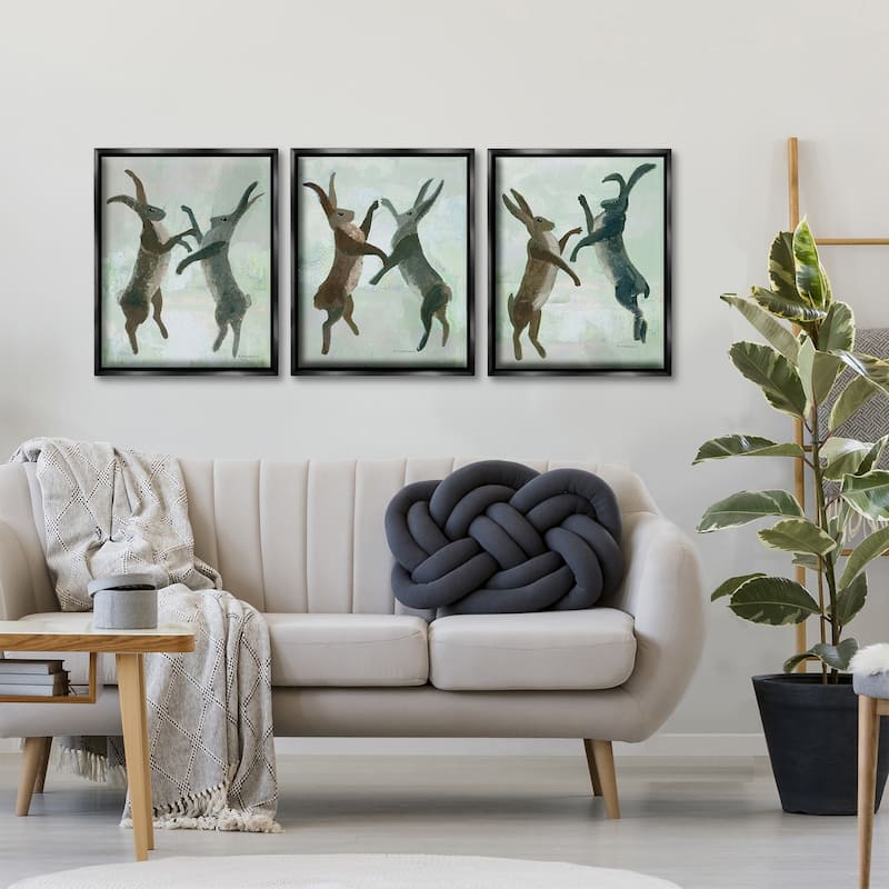Stupell Battling Hares in Neutral Tones Framed Floater Canvas Wall Art Design By Kay Widdowson (Set of 3)