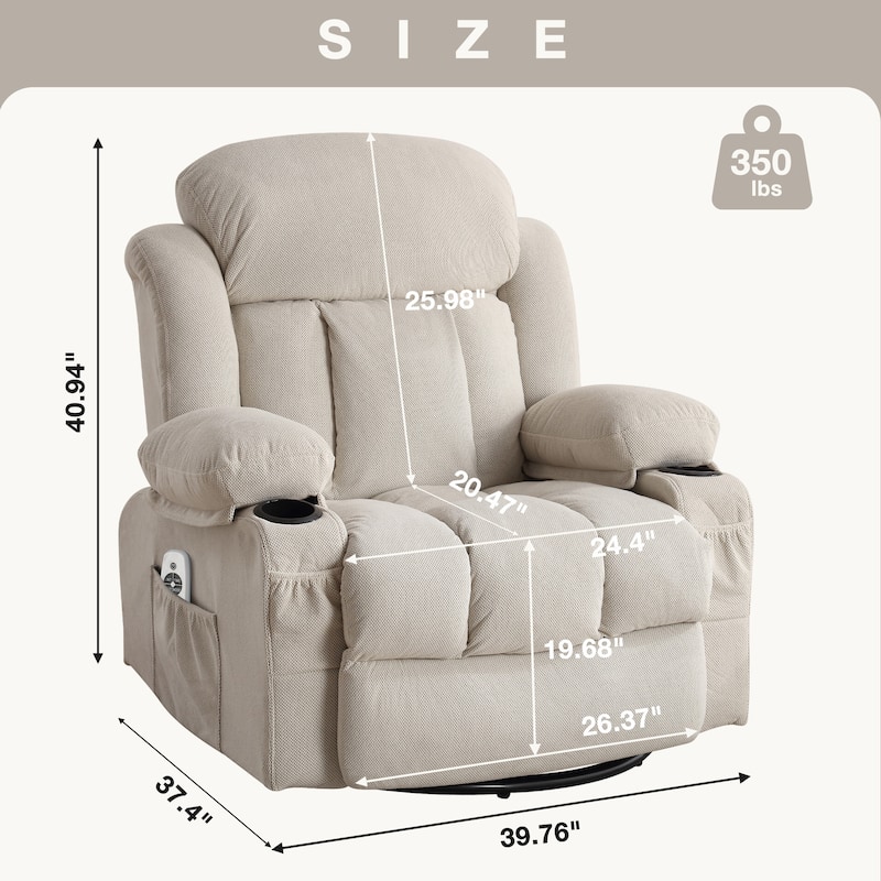 Velvet Swivel Recliner Lounge Chair with Massage, Heat & USB