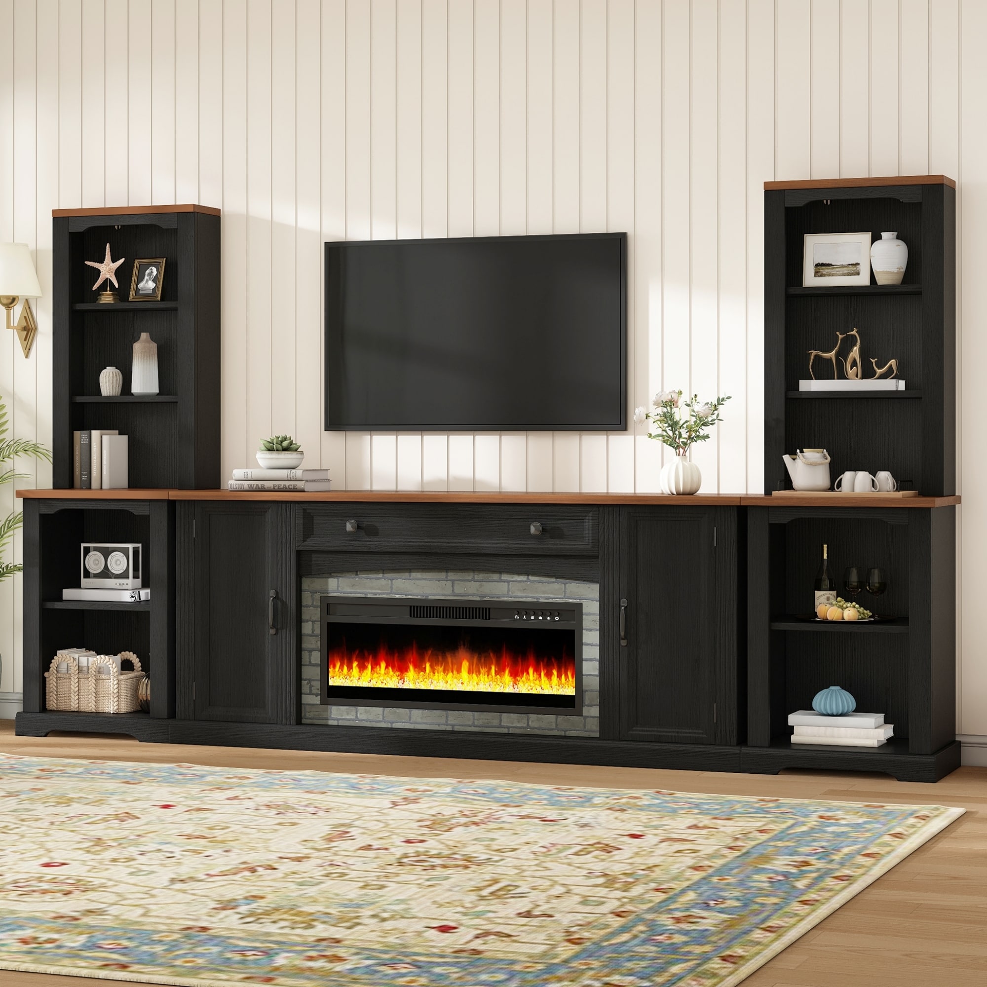 3-Piece Entertainment Center with Mantel - Electric Fireplace Heater for TVs Up to 70", Farmhouse TV Cabinet with Bookshelves