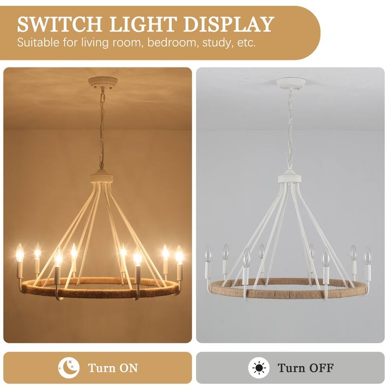 8-Light Hanging Candlestick Wagon Wheel Chandelier Hemp Rope Linear Chandelier Lighting for Kitchen Island