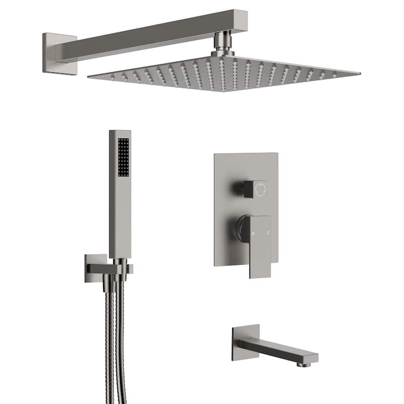 GRANDJOY 10" 3-in-1 Shower System with Rainfall Head, Handheld and Tub Spout, Pressure Balance Valve - Brushed Nickel