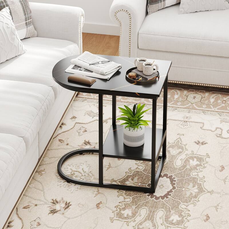 2 Tier Faux Marble C Shaped Bedside End Table with Metal Frame for Living Room Decor or Bedroom - 24" x 16" x 24" - Black