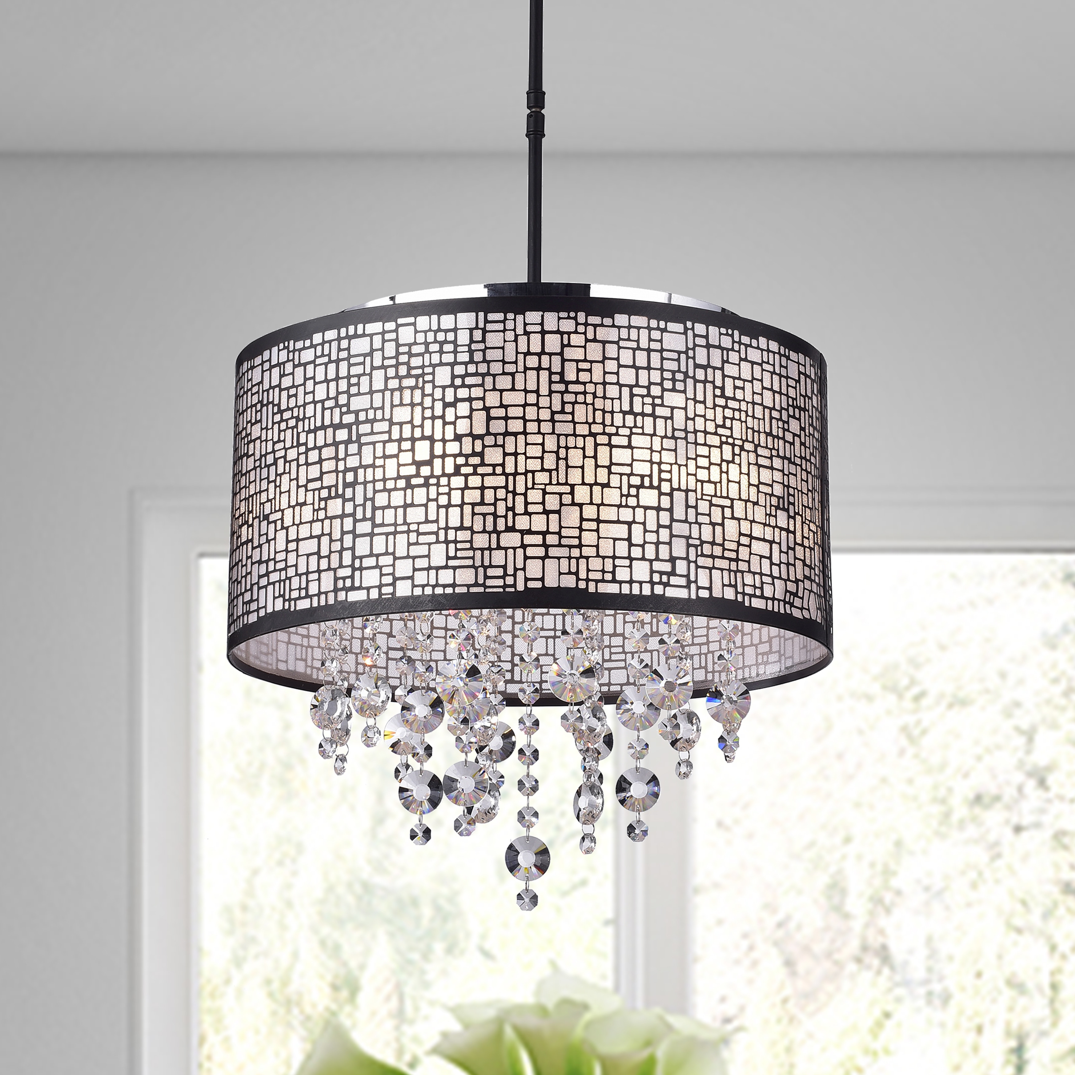 Anais 4 light Black Metal and Crystal Drum Chandelier On Sale