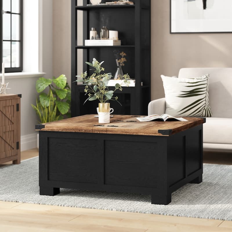 Modern Farmhouse Coffee Table with Hidden Interior Storage - Black/Rustic Oak