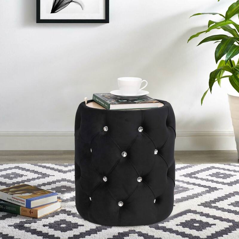 Adeco Round Storage Velvet Ottoman Removable Wooden Lid Coffee Table