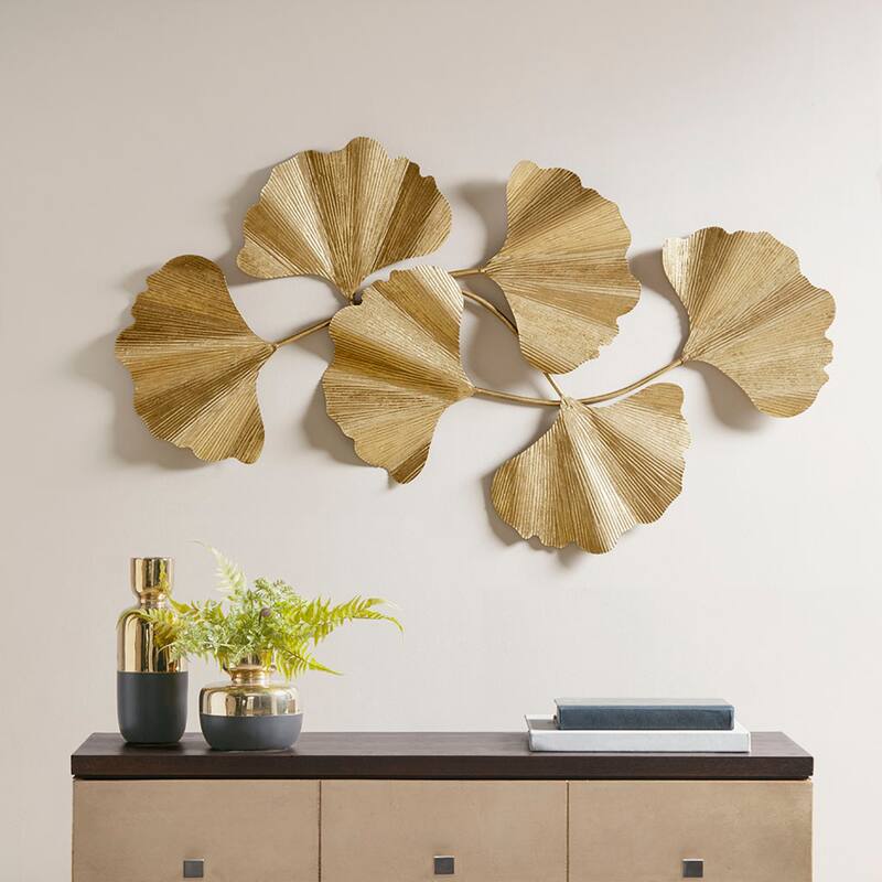 Roomfitters 43-Inch Gold Foil Metal Ginkgo Leaf Wall Decor, 3D Sculptural Transitional Botanical Art for Living Room - Gold