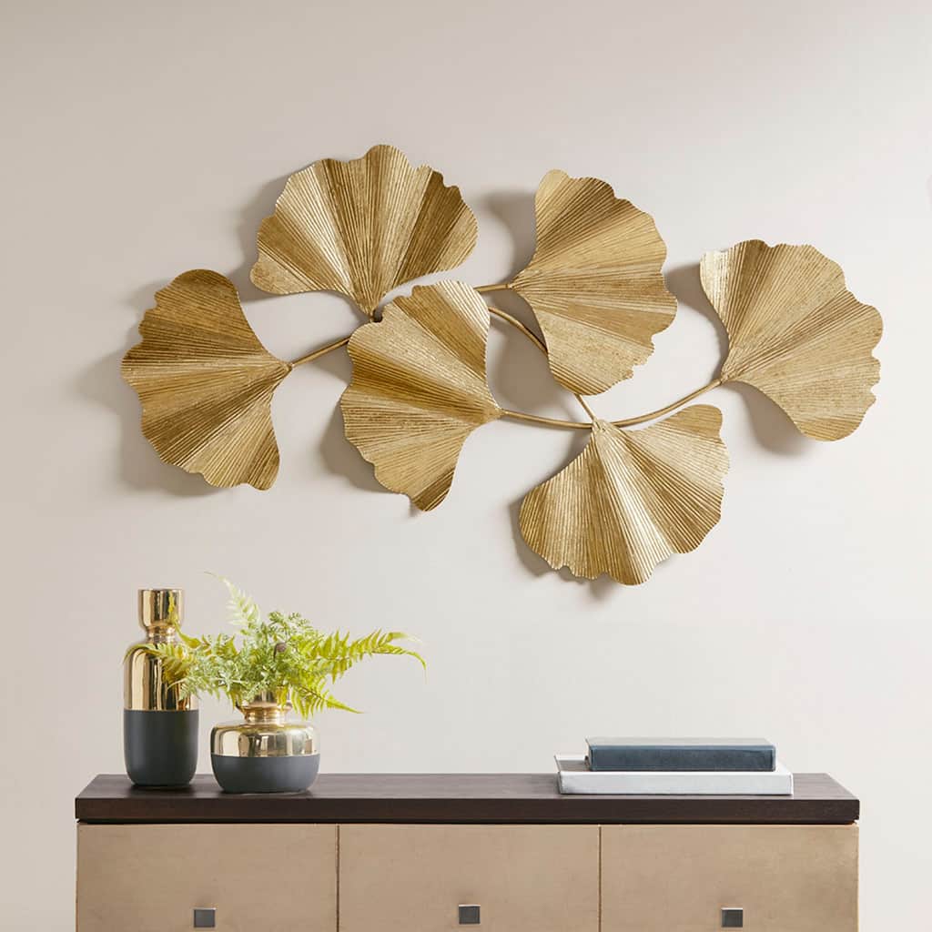 Roomfitters 43-Inch Gold Foil Metal Ginkgo Leaf Wall Decor, 3D Sculptural Transitional Botanical Art for Living Room