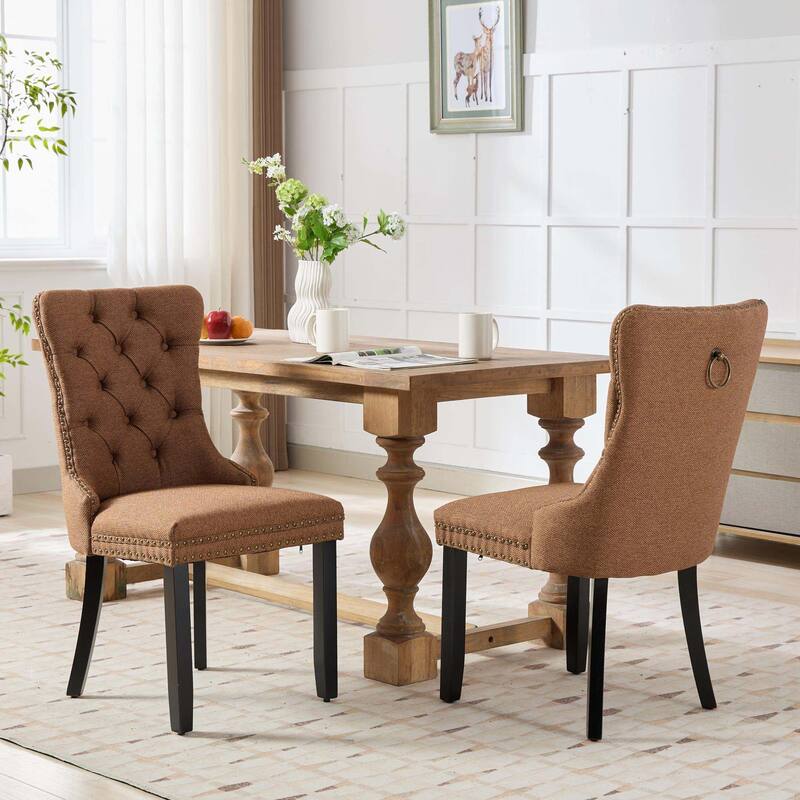 High-end Tufted Solid Wood Linen Dining Chair with Wood Legs Nailhead Trim 2-Pcs Set