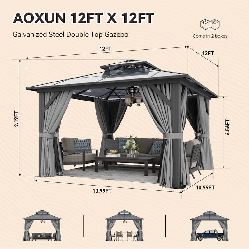 Hardtop Gazebo, Aluminum Frame Permanent Pavilion with Curtains and Netting