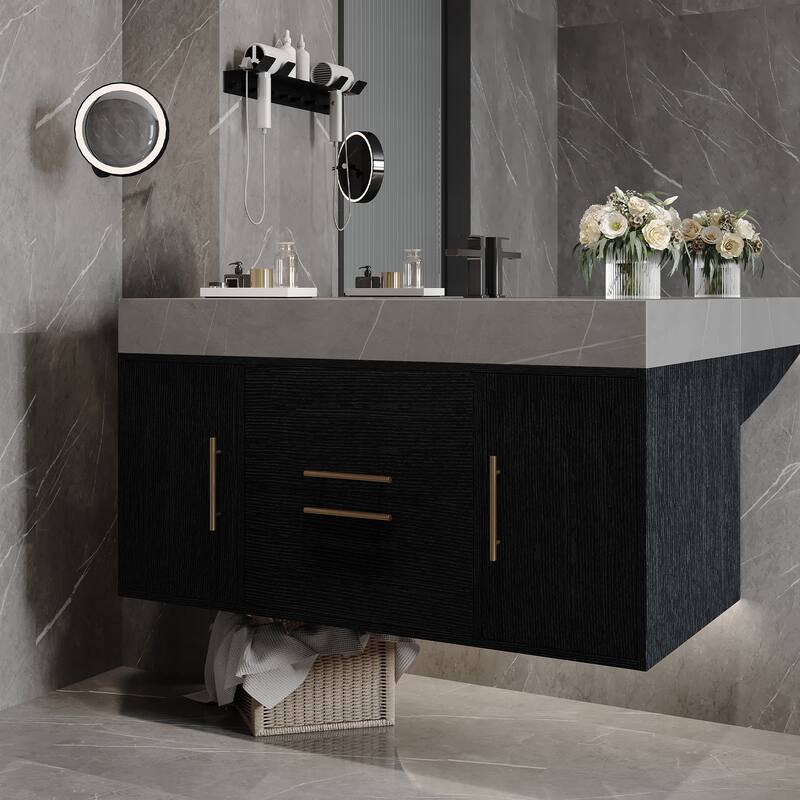 39.4 Inches Single Floating Bathroom Vanity with Faux Marble Top, Ceramic Sink, 2 Multi-layer Solid Wood Drawers & 2 Cabinets