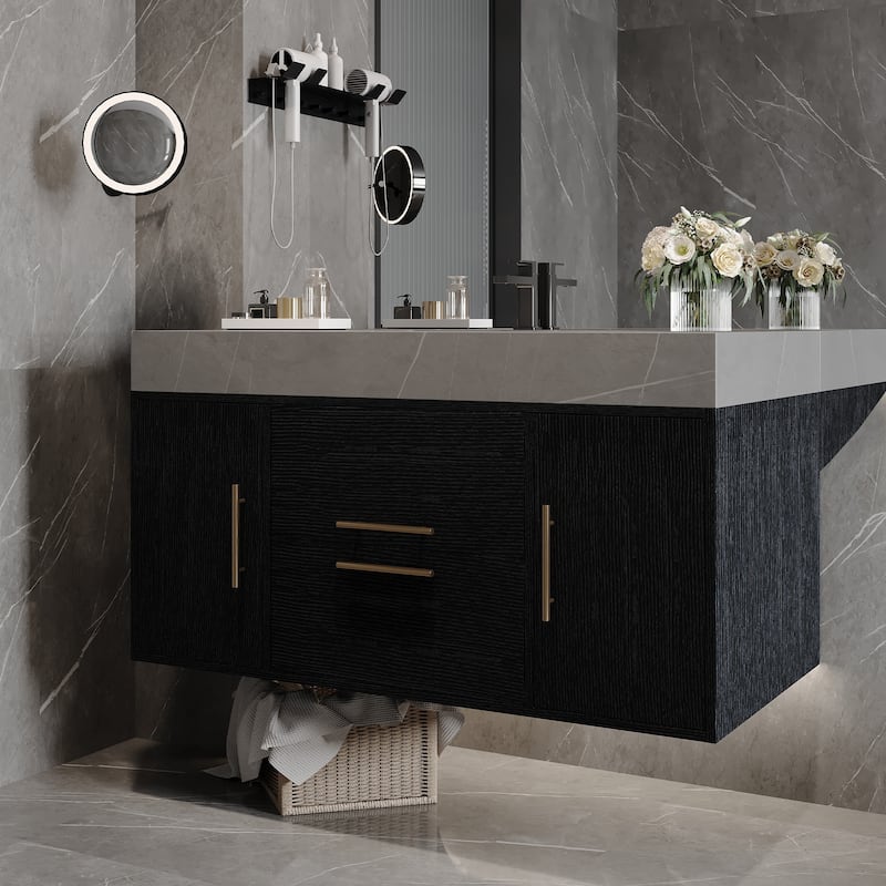 Wall-Mounted Single Sink Bathroom Vanity Cabinet with Faux Marble Top, Floating Bathroom Vanity with Center Ceramic Sink