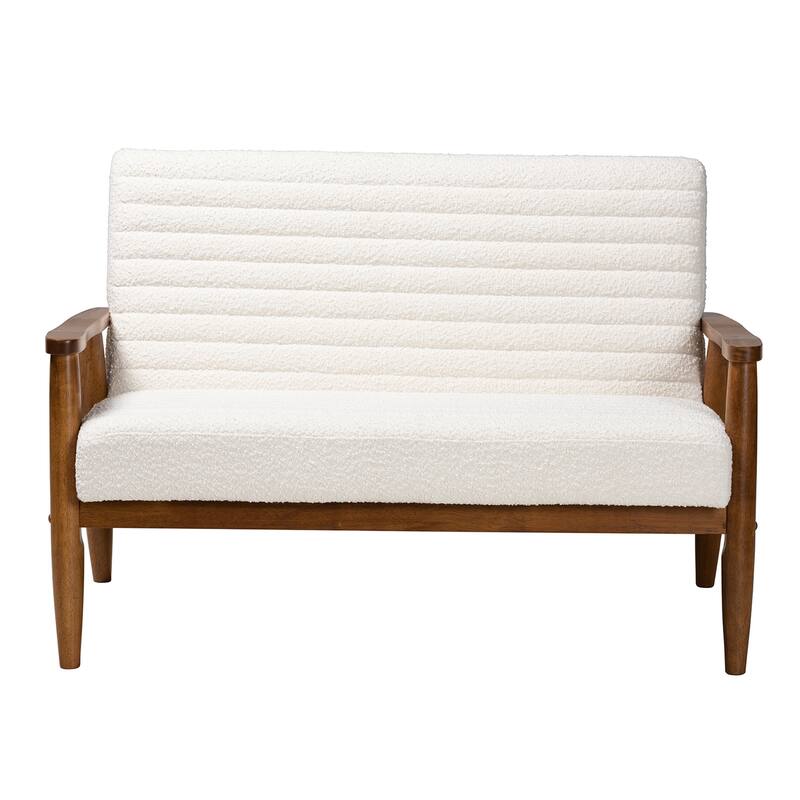 Stratton Mid-Century Modern Cream Boucle Fabric and Walnut Brown Finished Wood Loveseat