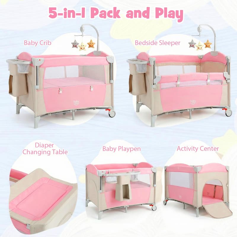 Gymax 5 in 1 Pack & Play w/Diaper Changer Cozy Mattress Lockable
