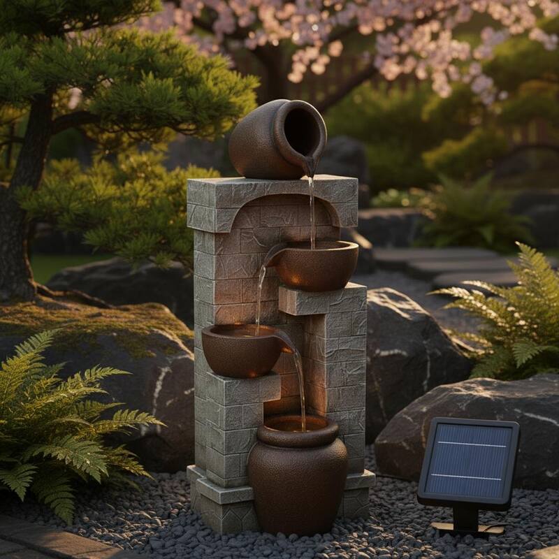 Teamson Home 4-Tier Bowl Solar Waterfall Fountain with Built-In LED Lights - 12"W x 10"L x 28"H