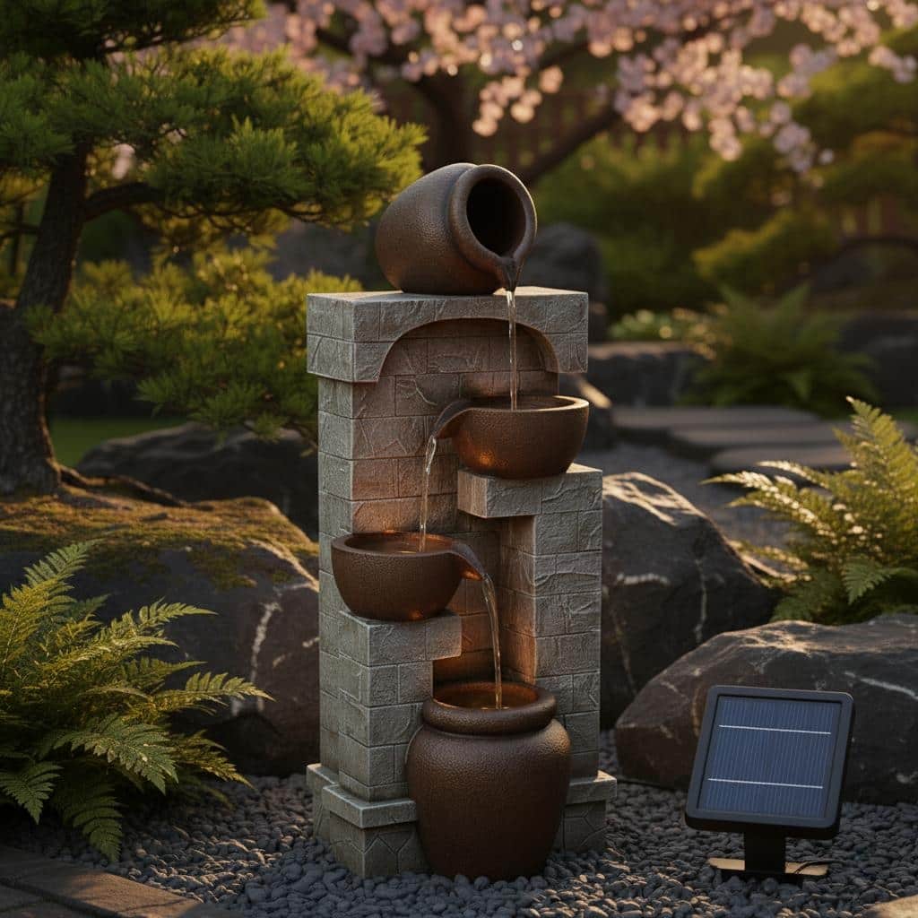 Teamson Home 4-Tier Bowl Solar Waterfall Fountain with Built-In LED Lights - 12"W x 10"L x 28"H