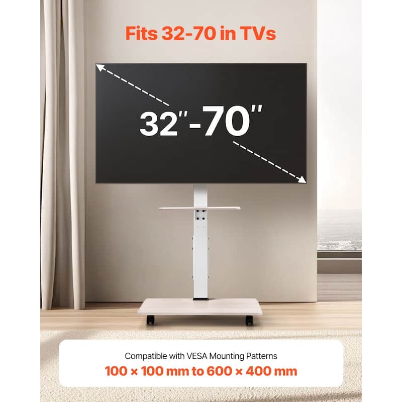 Adjustable TV Stand with Tray for 32-70 Inch TVs, Mobile Rolling Cart - 25.98 x 14.96 x 53.74 In.