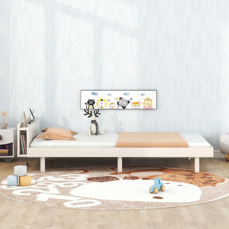 Modern Design Twin Size Platform Bed Frame with Built-in USB Ports for All Ages, Strong Wooden Slats/Large Storage Space