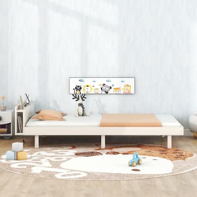 Wooden Twin Platform Bed Frame, Storage Headboard with USB and Type-C Ports, Twin Size Rubber Wood Bed Frame, Wood Slat Support