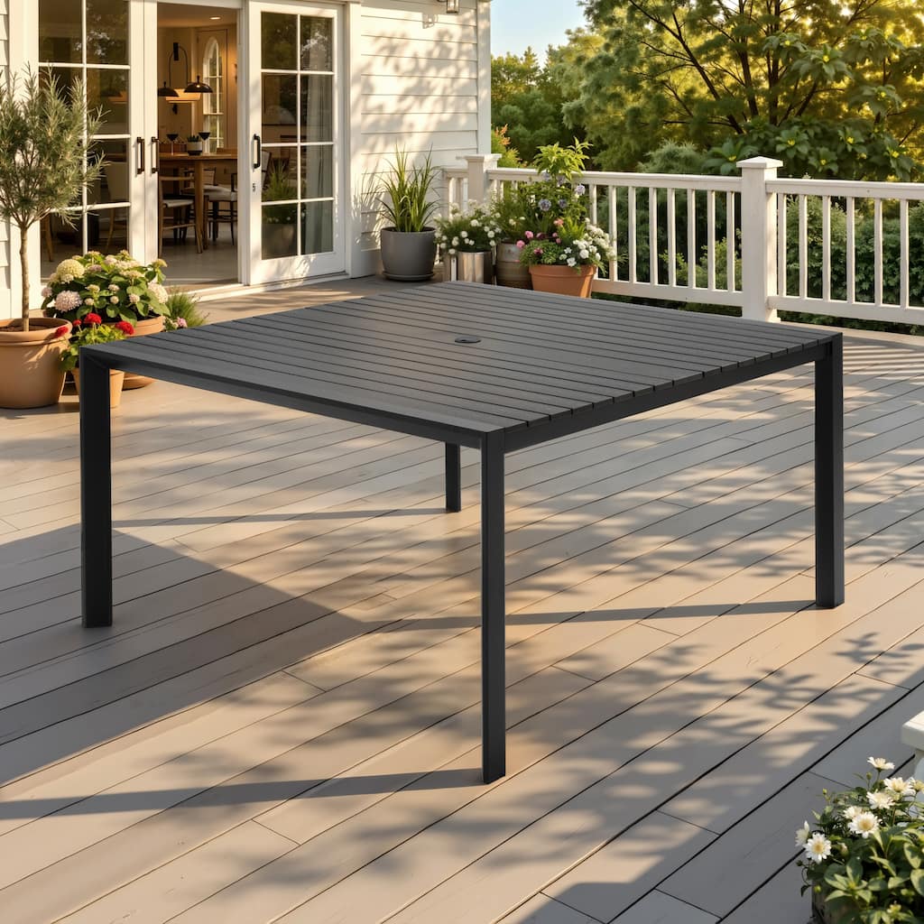 56.3in Outdoor Patio Aluminum Square Wood-Like Tabletop Weather-Resistant Dining Table with Umbrella Hole
