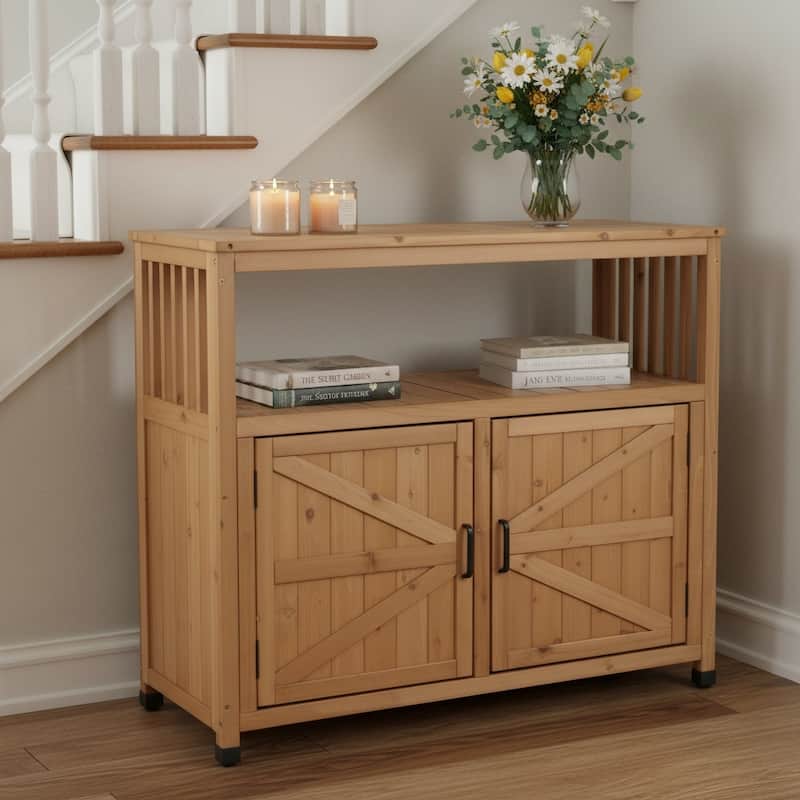 GDFStudio - Harbor Outdoor Solid Fir Wood Storage Bar Table with Slatted Design