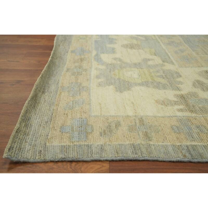 Handmade Gray Oushak Vegetable Dye Large Rug, Floral Geometric Carpet - 14' 0'' X 10' 1''
