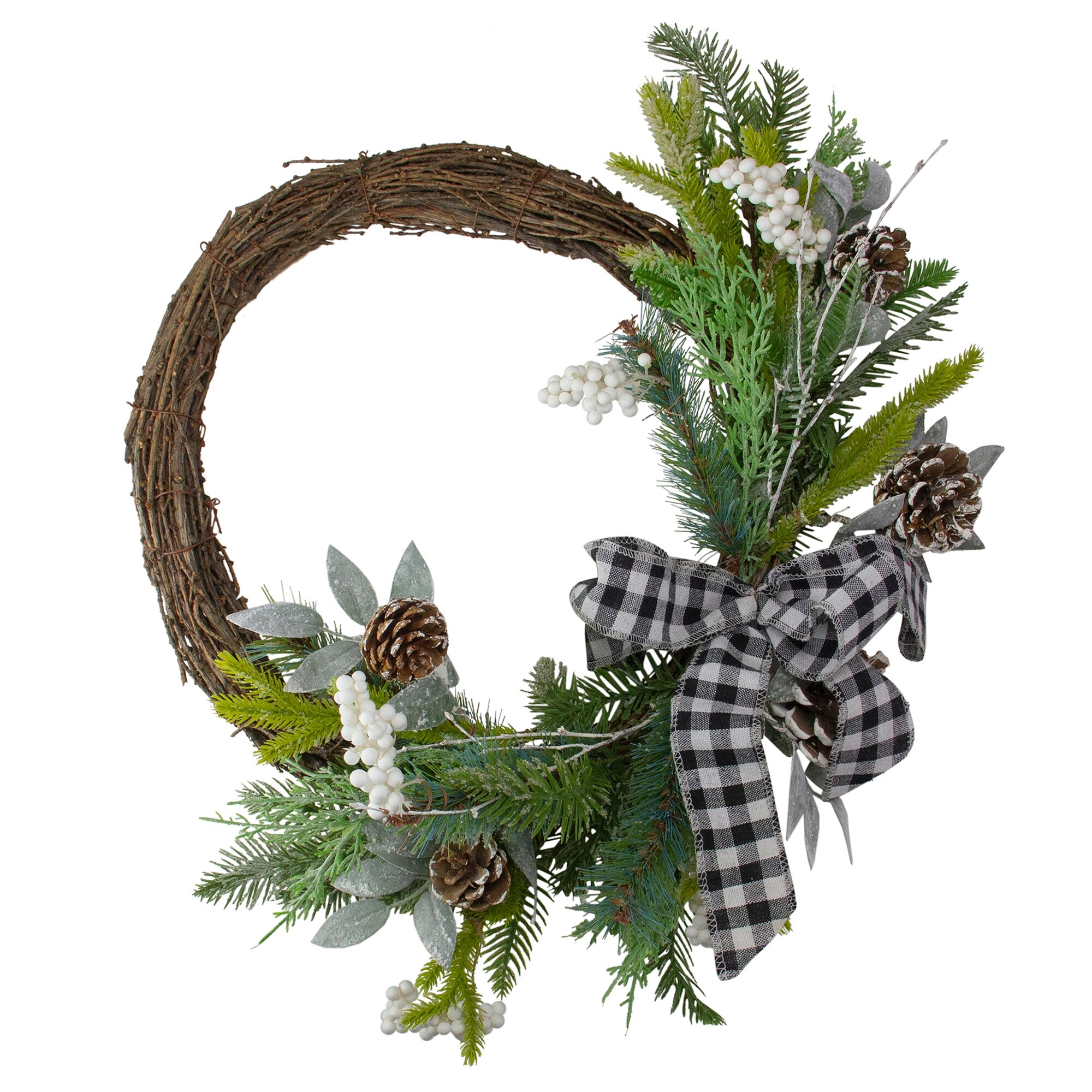 Shop Plaid Bow And Winter Foliage Artificial Christmas Twig Wreath