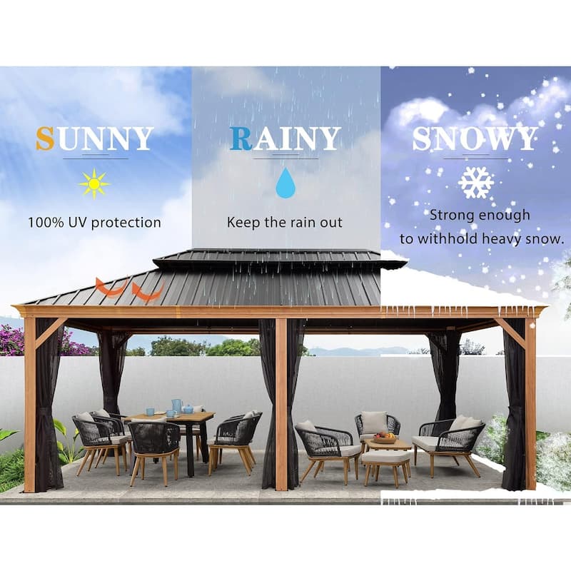 PURPLE LEAF Hardtop Gazebo Galvanized Steel Roof Gazebo Pergola Wooden Coated Alumninum Frame Wiht Mosquito Net and Light