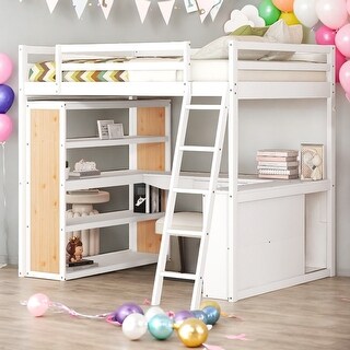 Full Size Loft Bed With Ladder,Shelves And Desk for Home